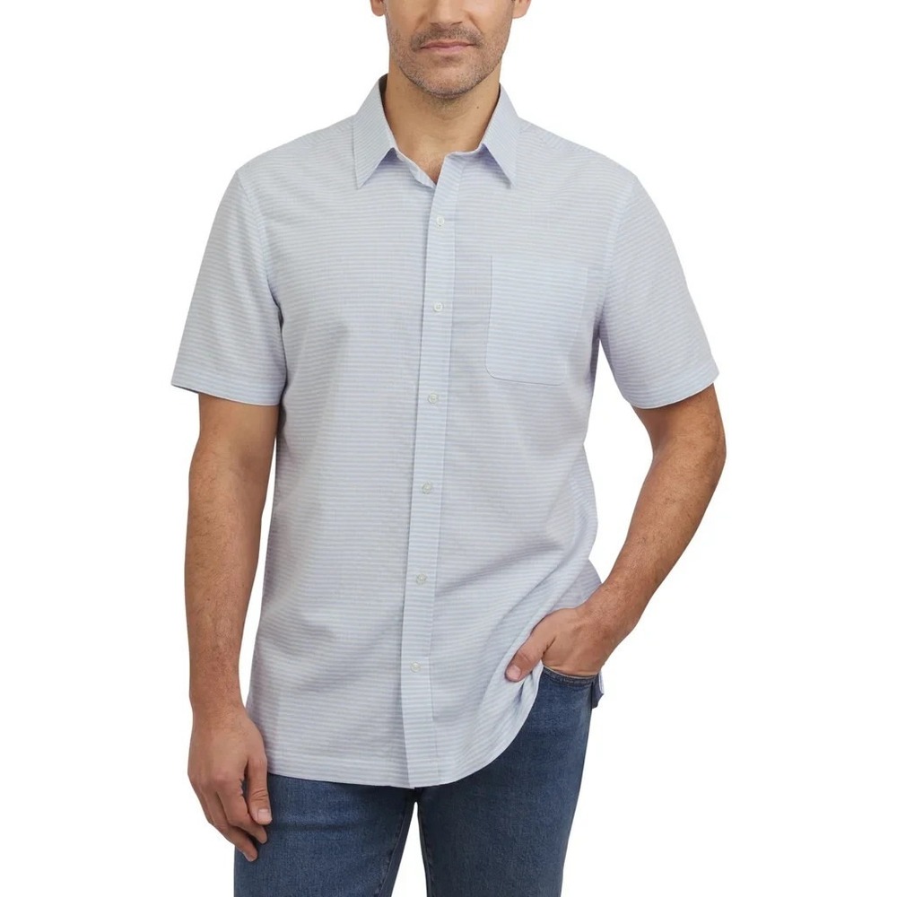 Lands End Mens Short Sleeve Woven Button Up Shirt Blue Stripe L NEW